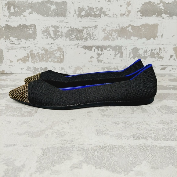 NEW Rothy's The Flat Black Knit Gold Pointy Toe Slip On Loafers F122